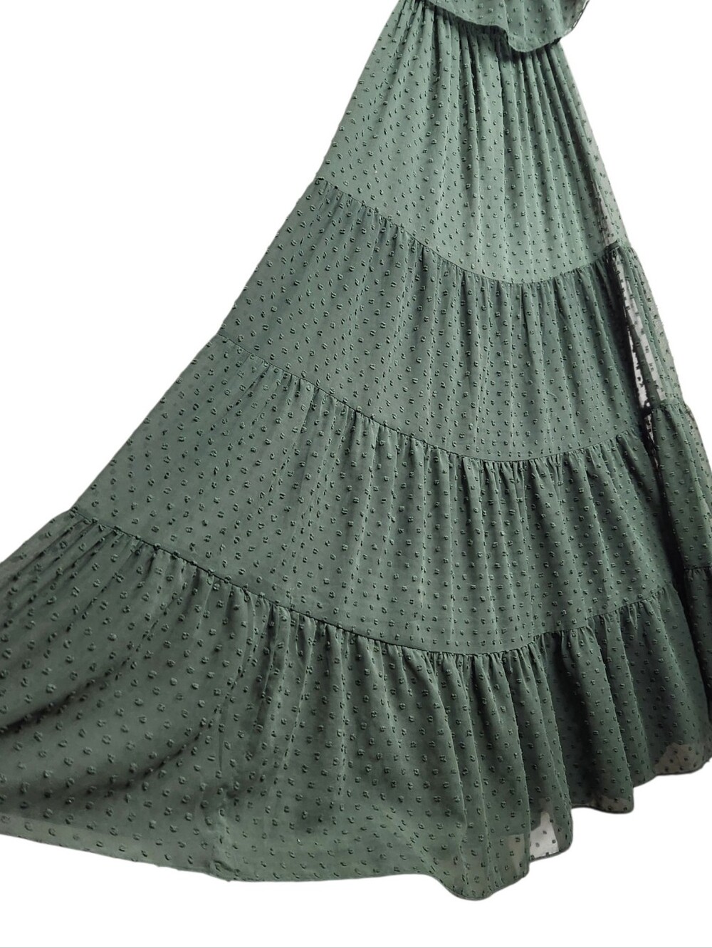 Baltic Born Olive Green Swiss Dot Off The Shoulder Tier Maxi Dress Womens Size S - Picture 5 of 12